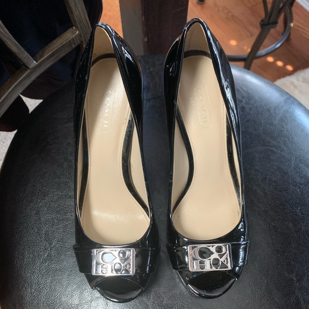 Coach Aliya platform peep toe, patent leather